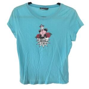 Y2K Monkey Blue Glitter Bling Baby Tee Mallcore Bimbo Shirt Indie Sleeze Medium